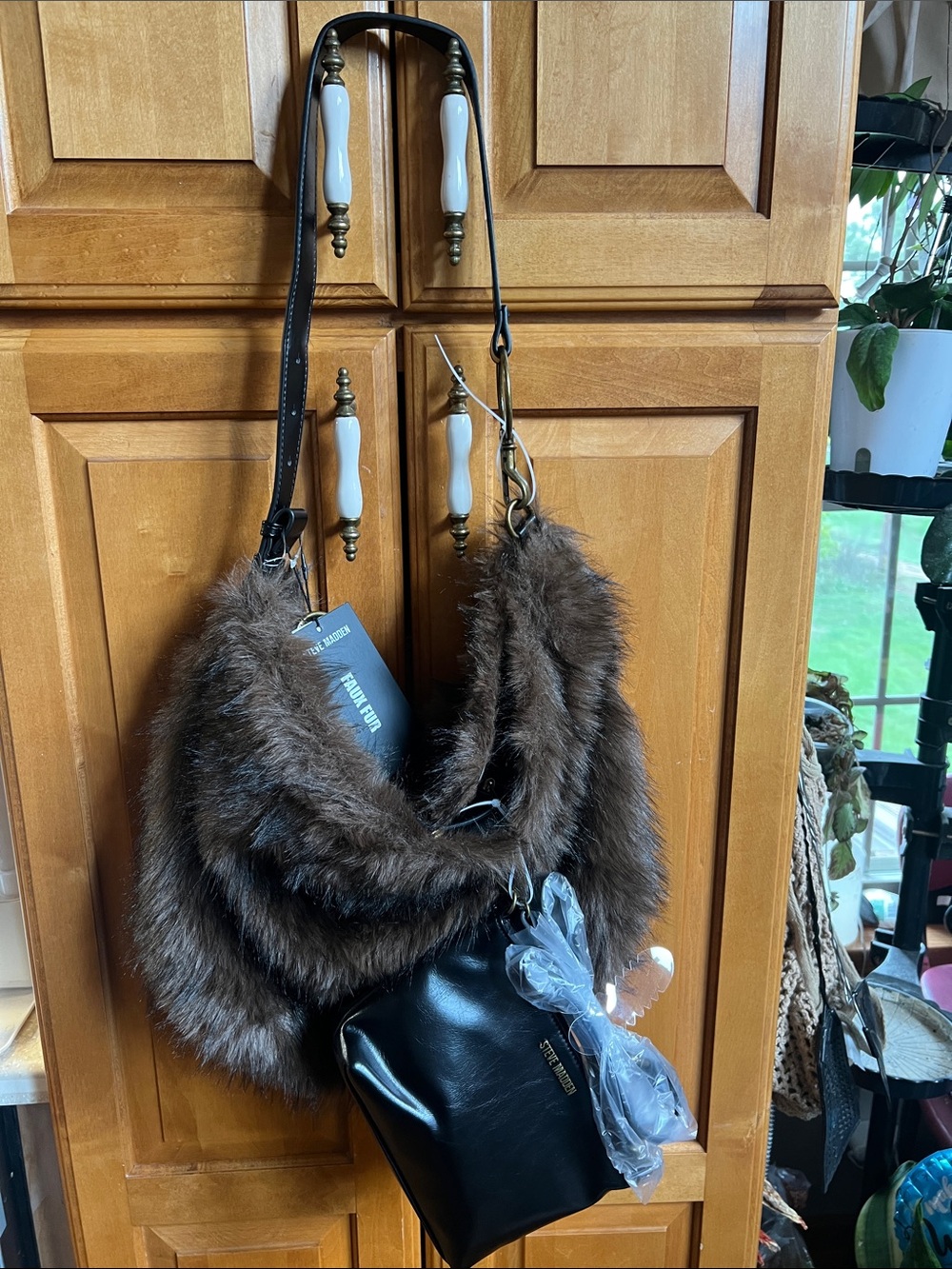 Steve Madden Faux Fur Hobo Bag with Black Crossbody/Pouch- Brown 2 bags in 1!